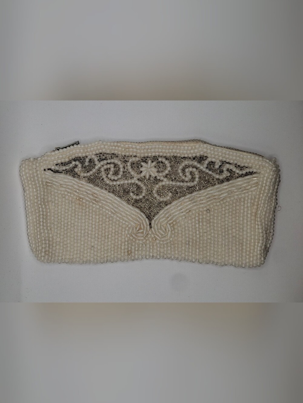 Vintage Cream Beaded Evening Clutch with Silver Embellishment